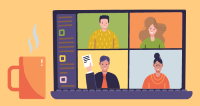 An illustration of a computer with faces showing on it in a video call.