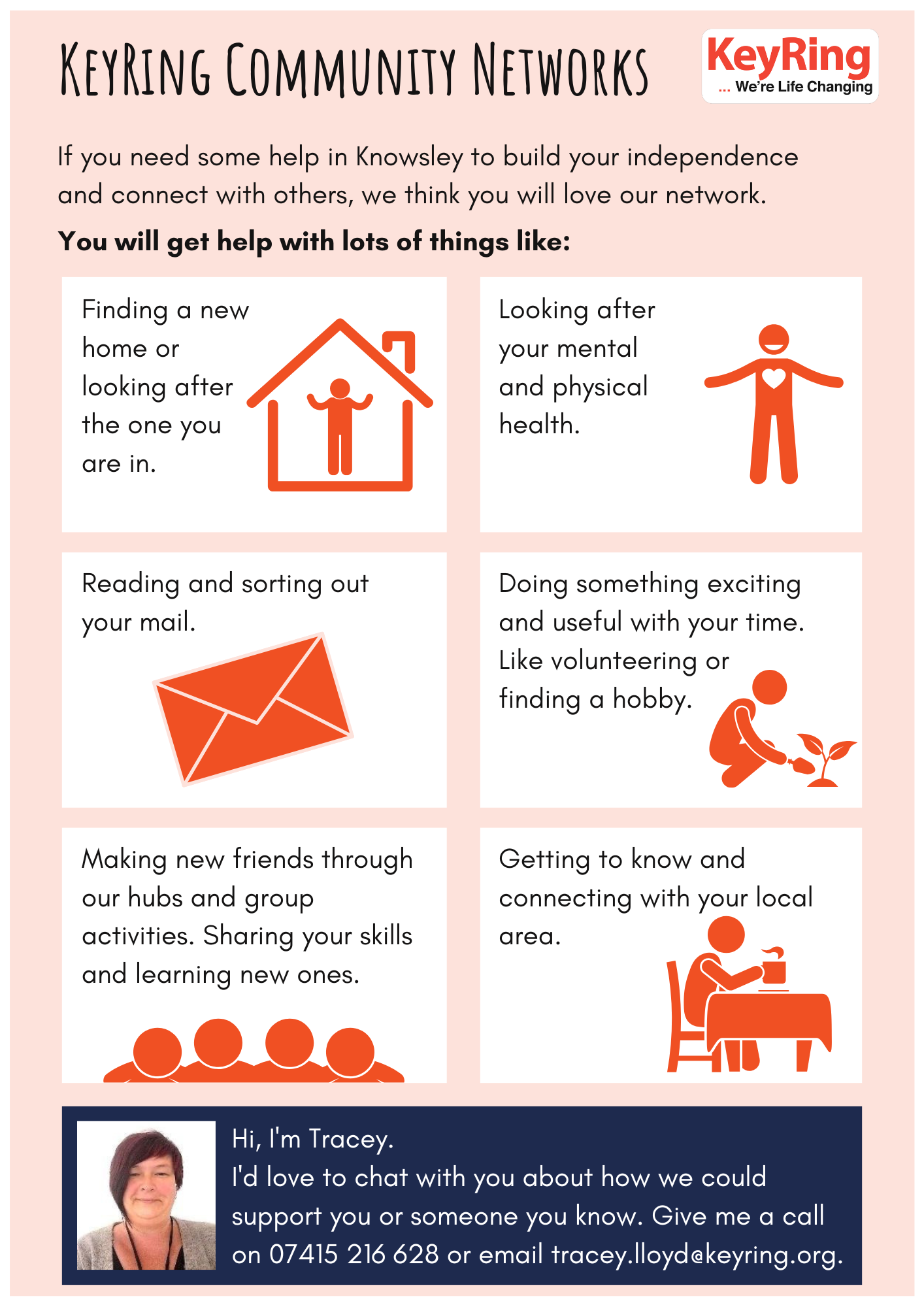 Some of the information about what KeyRing can help with from the main page text, with orange stick figures illustrating the different things KeyRing can help with. At the bottom is a photo of Tracey, a white woman with an asymmetrical haircut, smiling at the camera.