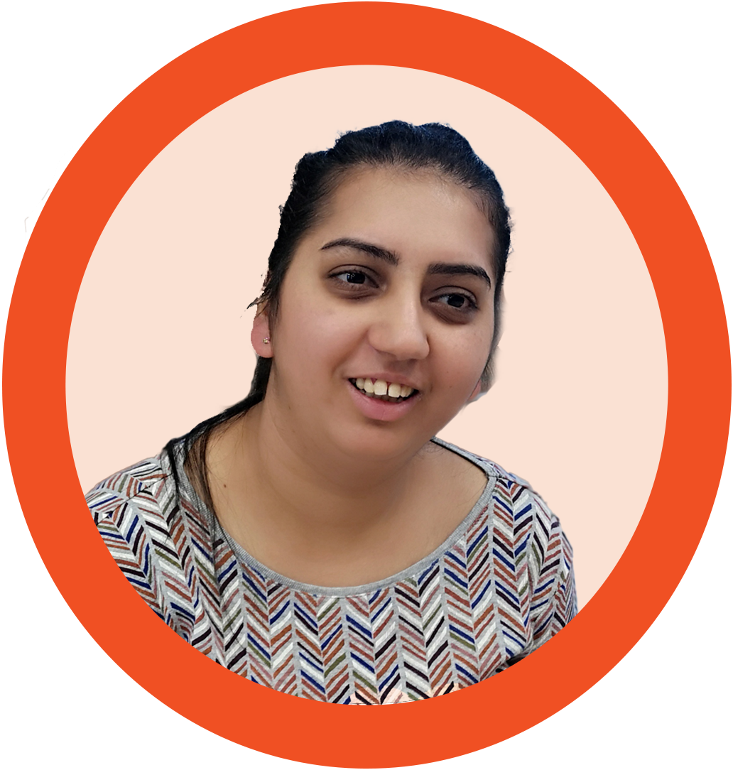 A young woman smiling in an orange circle