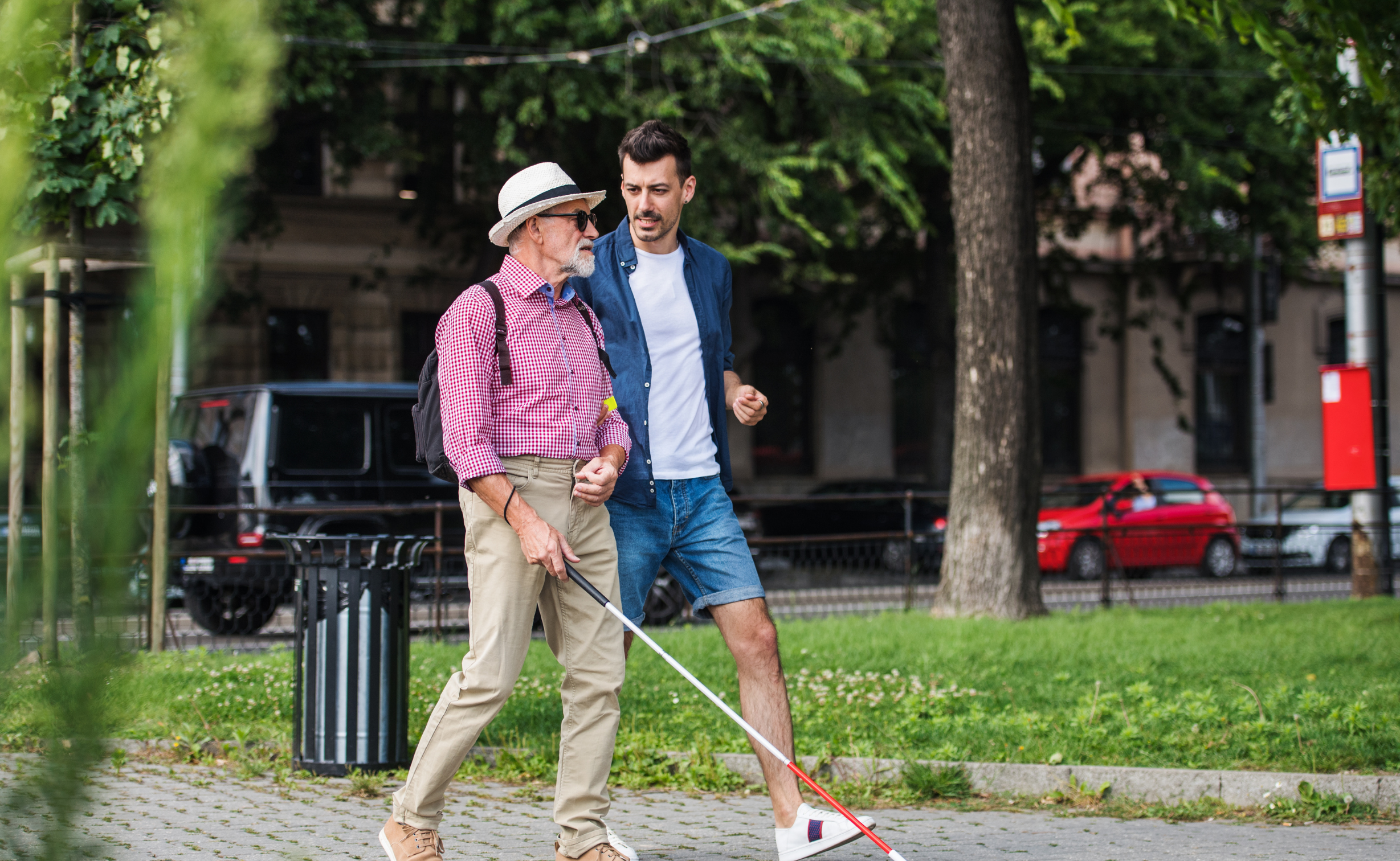 Two men walking in the park. One is blind and using a white stick.