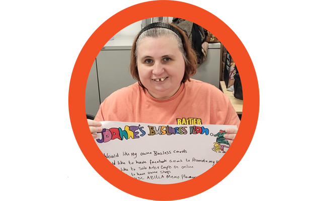 Joanne's head in an orange circle