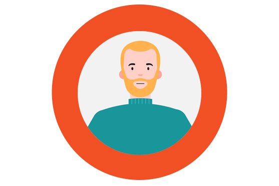 Cartoon head in an orange circle